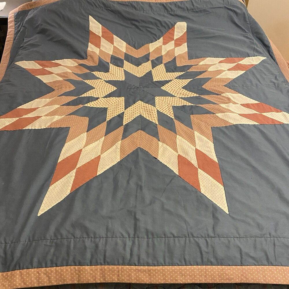 Vintage Lone Star Quilt 62x67 Star Of Bethlehem Hand Pieced Blue Pink Cotton